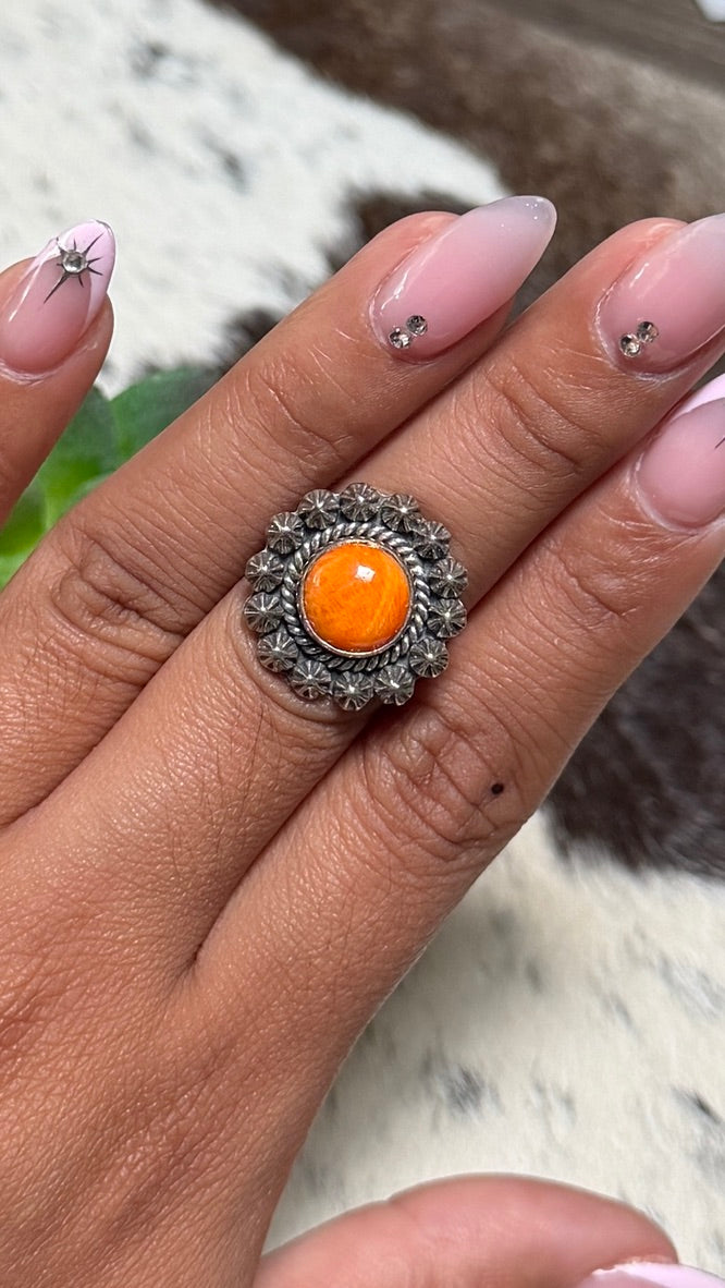 Orange Spiny Flower Ring, Size 7