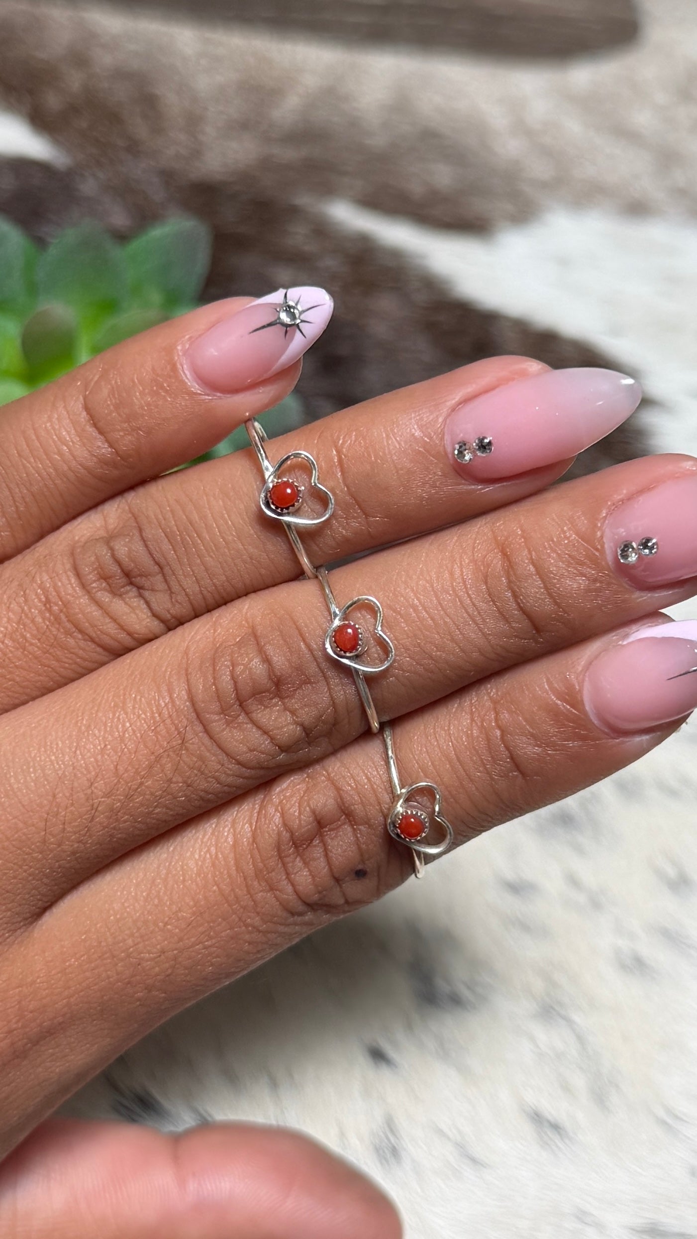 Zuni coral heart rings