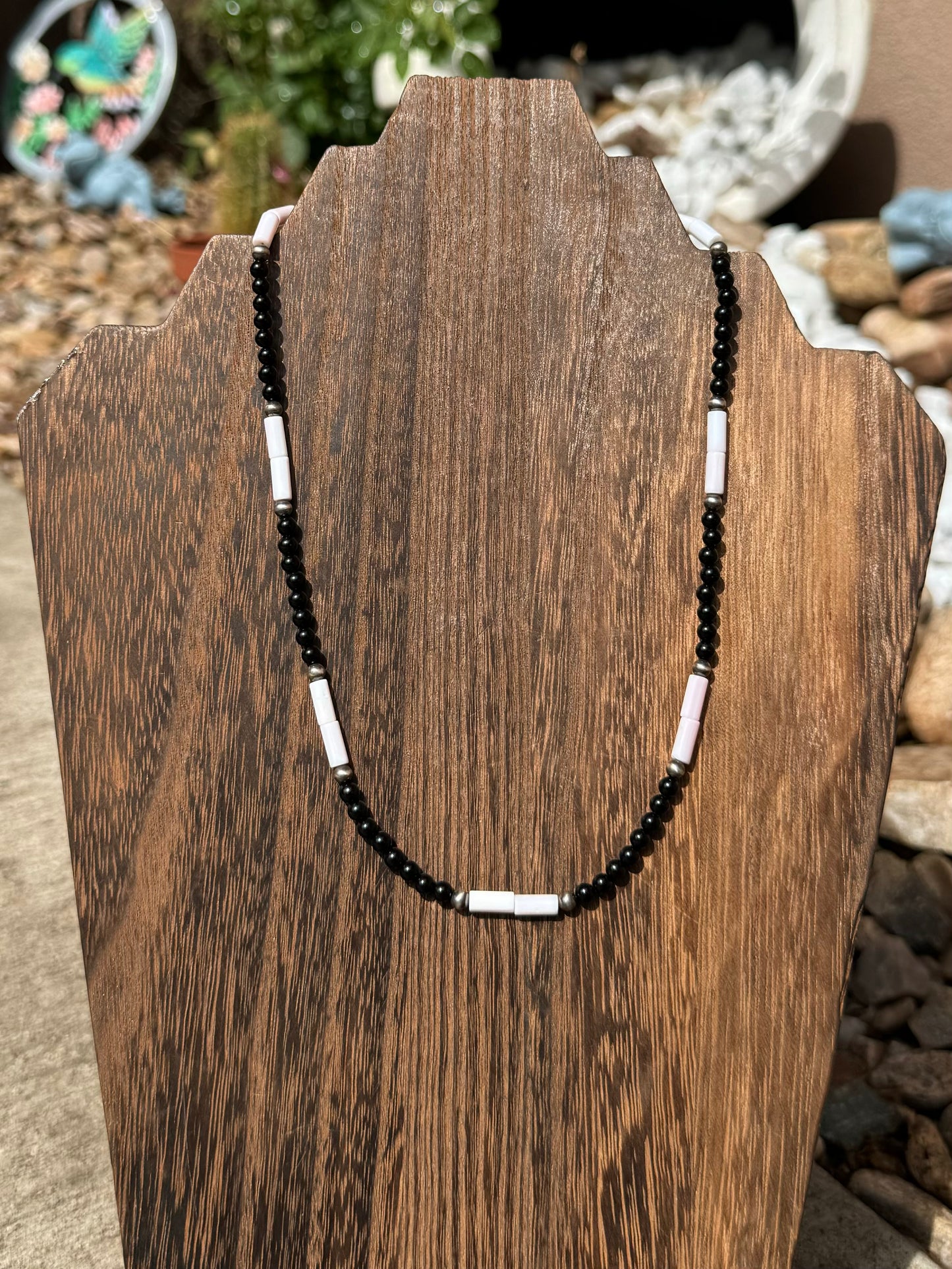 Black onyx & pink conch necklace