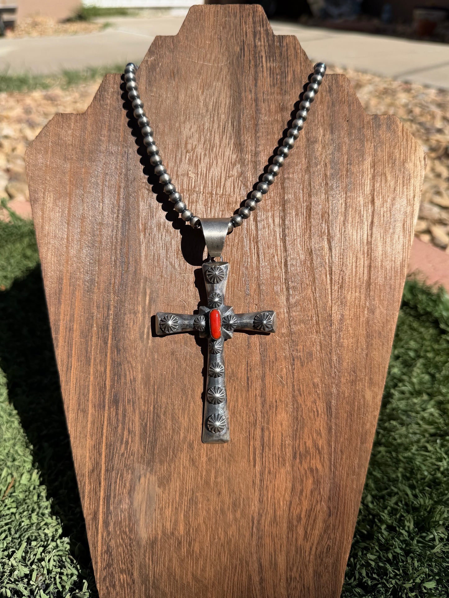 Chimney Butte cross pendant with red coral