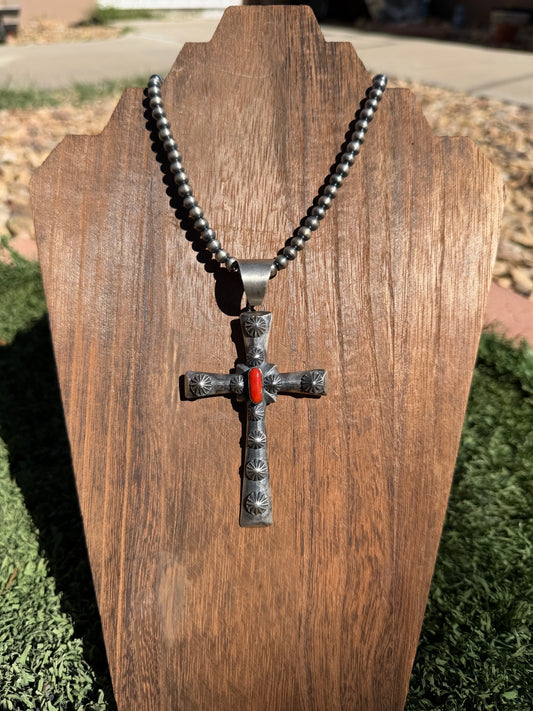 Chimney Butte cross pendant with red coral