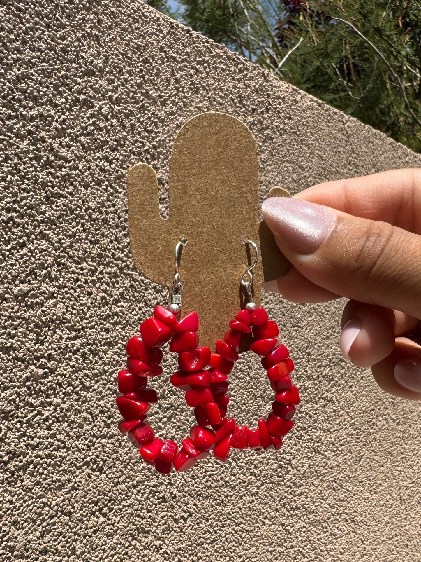 Red coral chip loop earrings