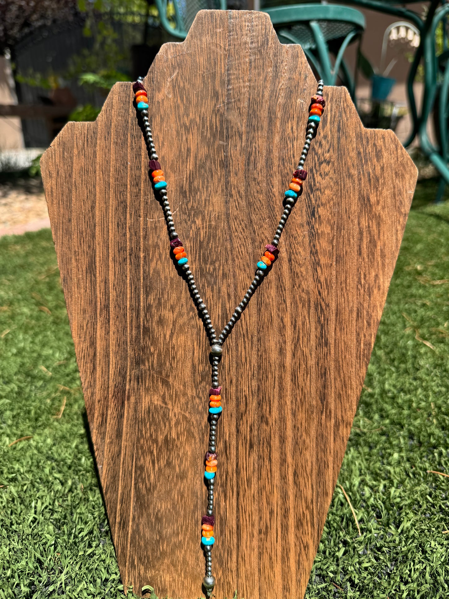 Silver pearl with Multi stone Lariat