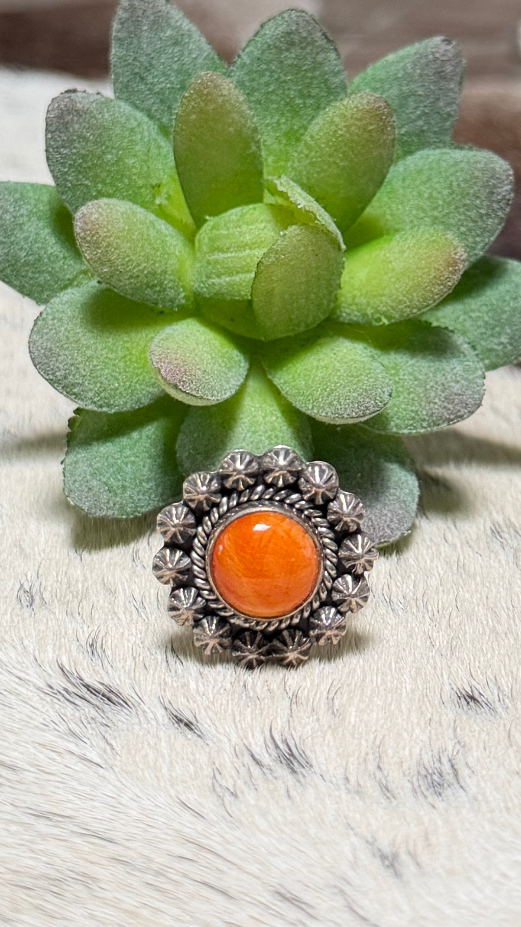 Orange Spiny Flower Ring, Size 7