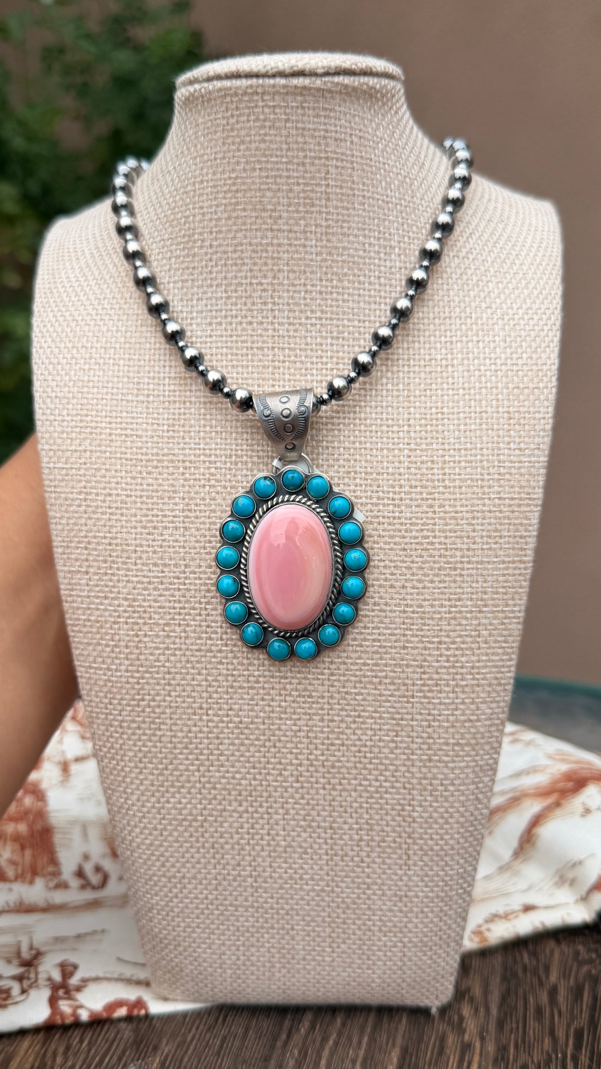 Sleeping Beauty & Pink conch cluster pendant