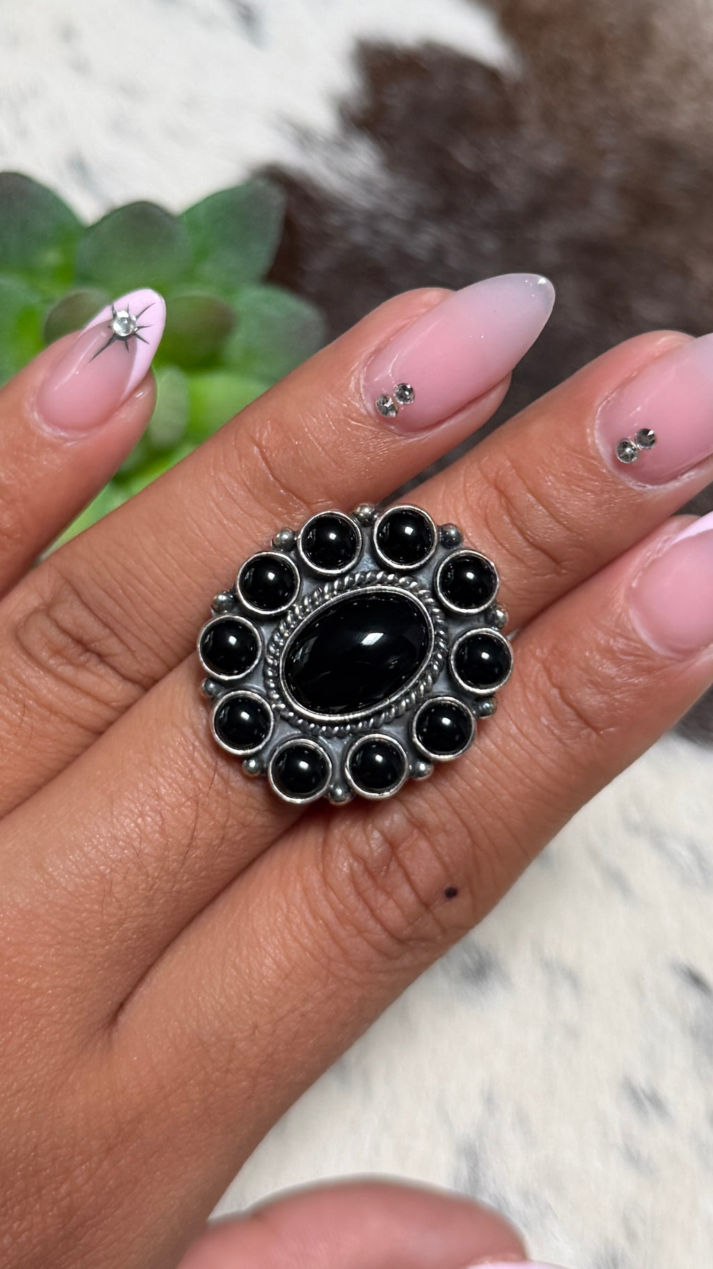 Black Onyx Cluster Ring, Size 7