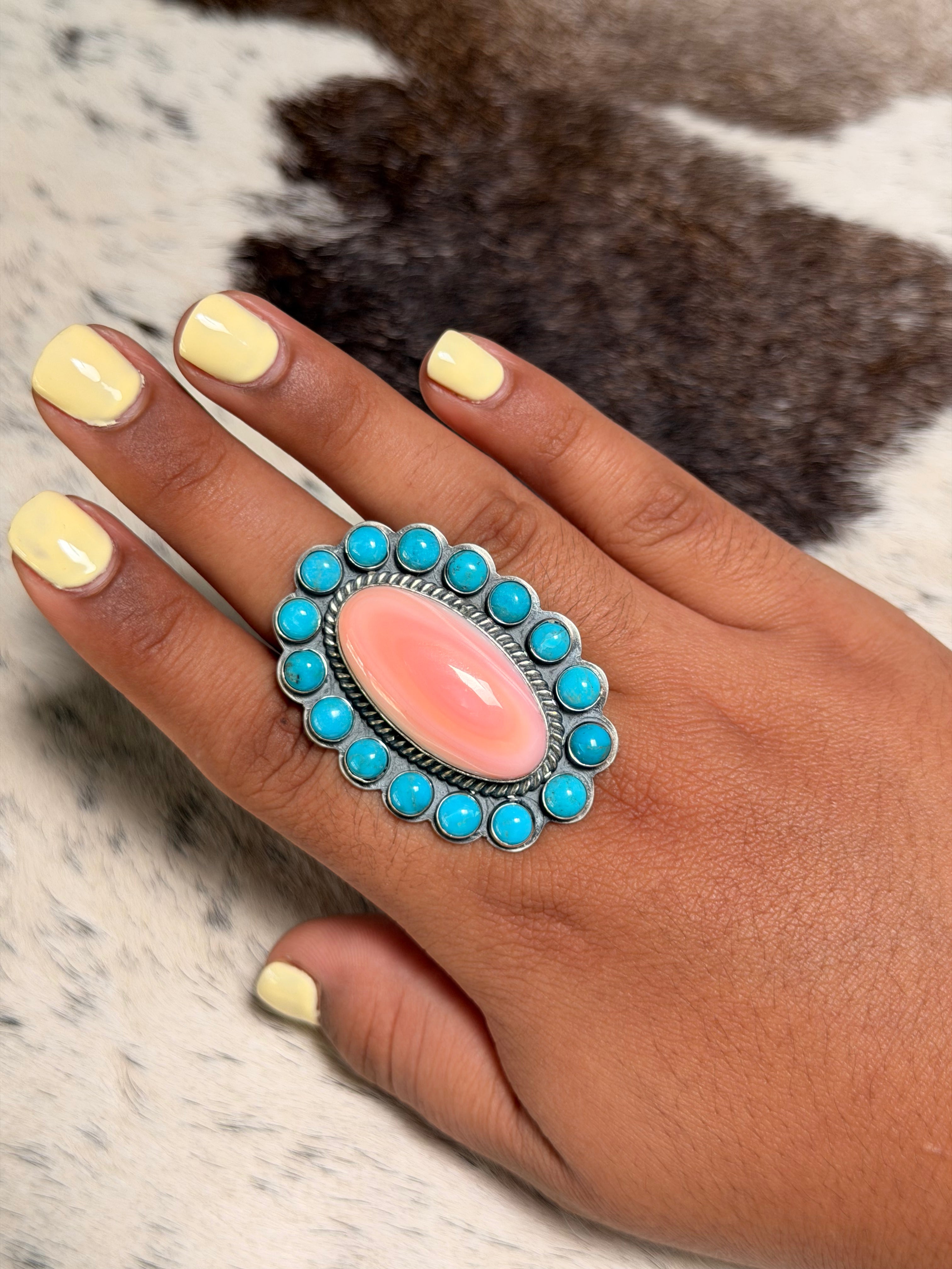Sleeping Beauty and Pink Conch Cluster Ring