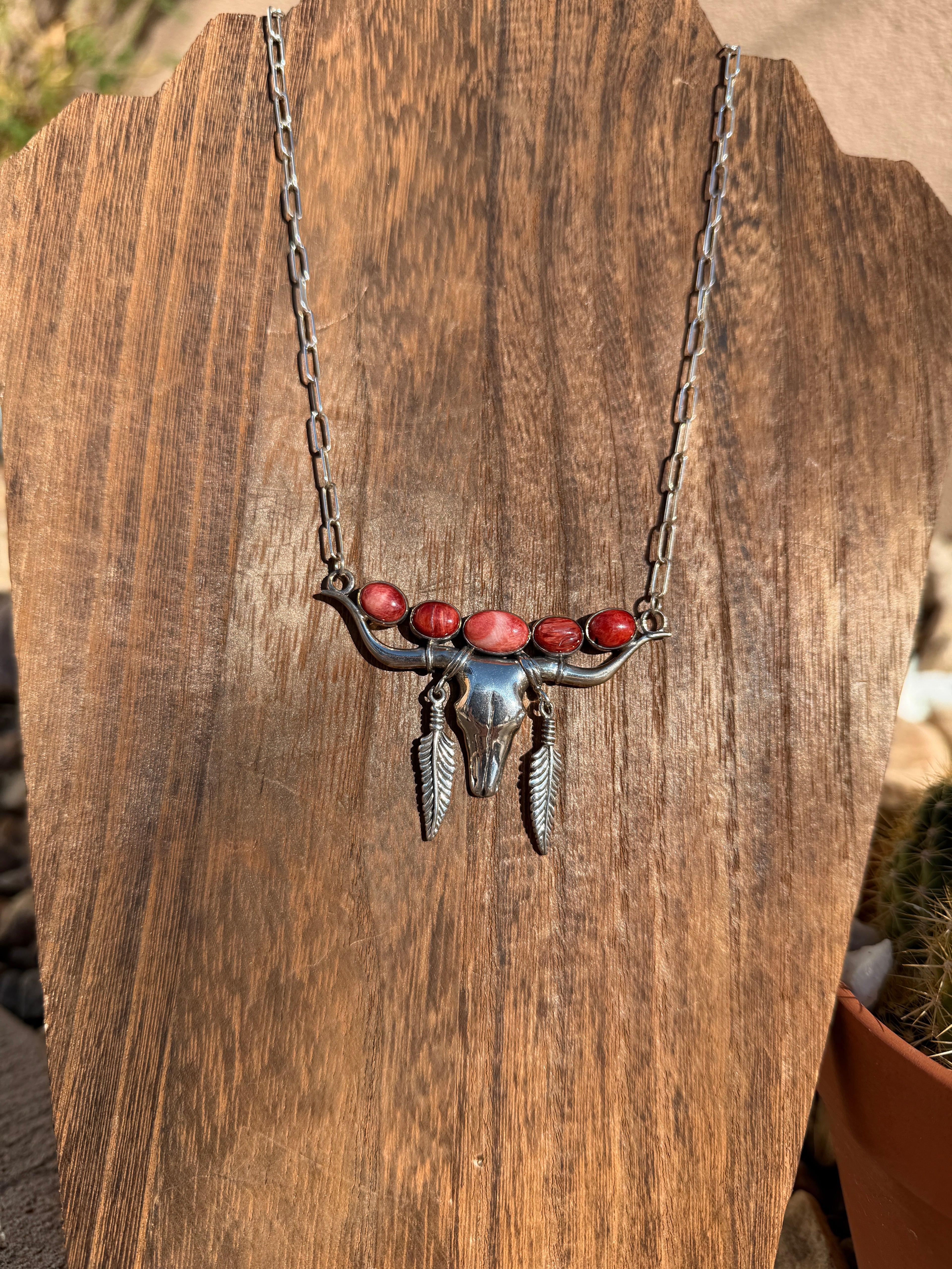 Steer Head & Red Spiny Bar Necklace