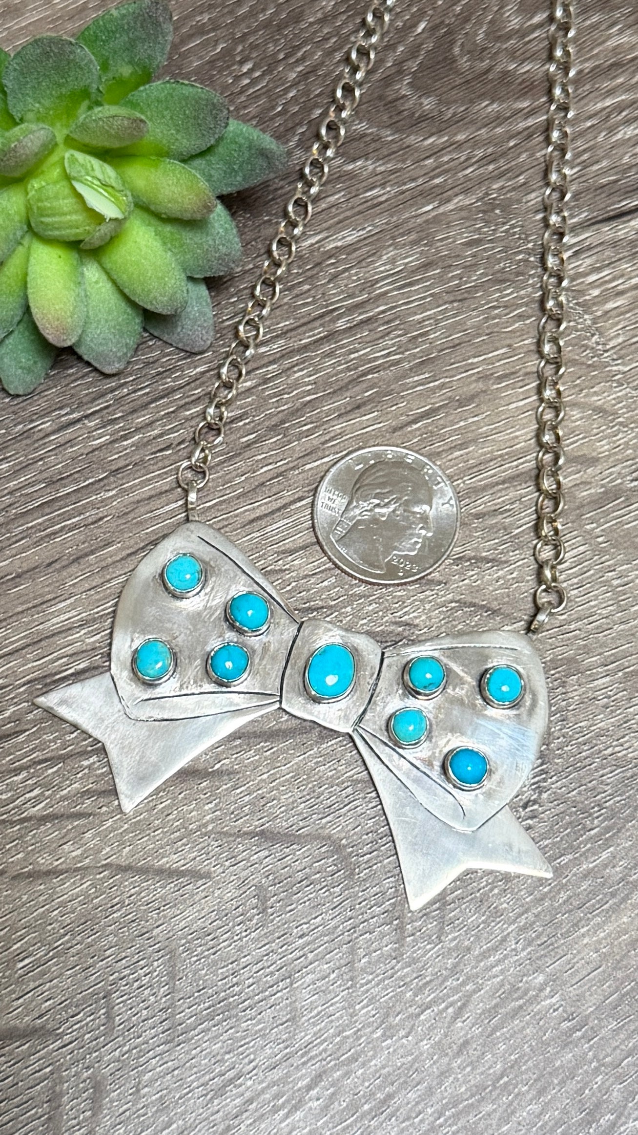 Silver bow & Turquoise necklaces