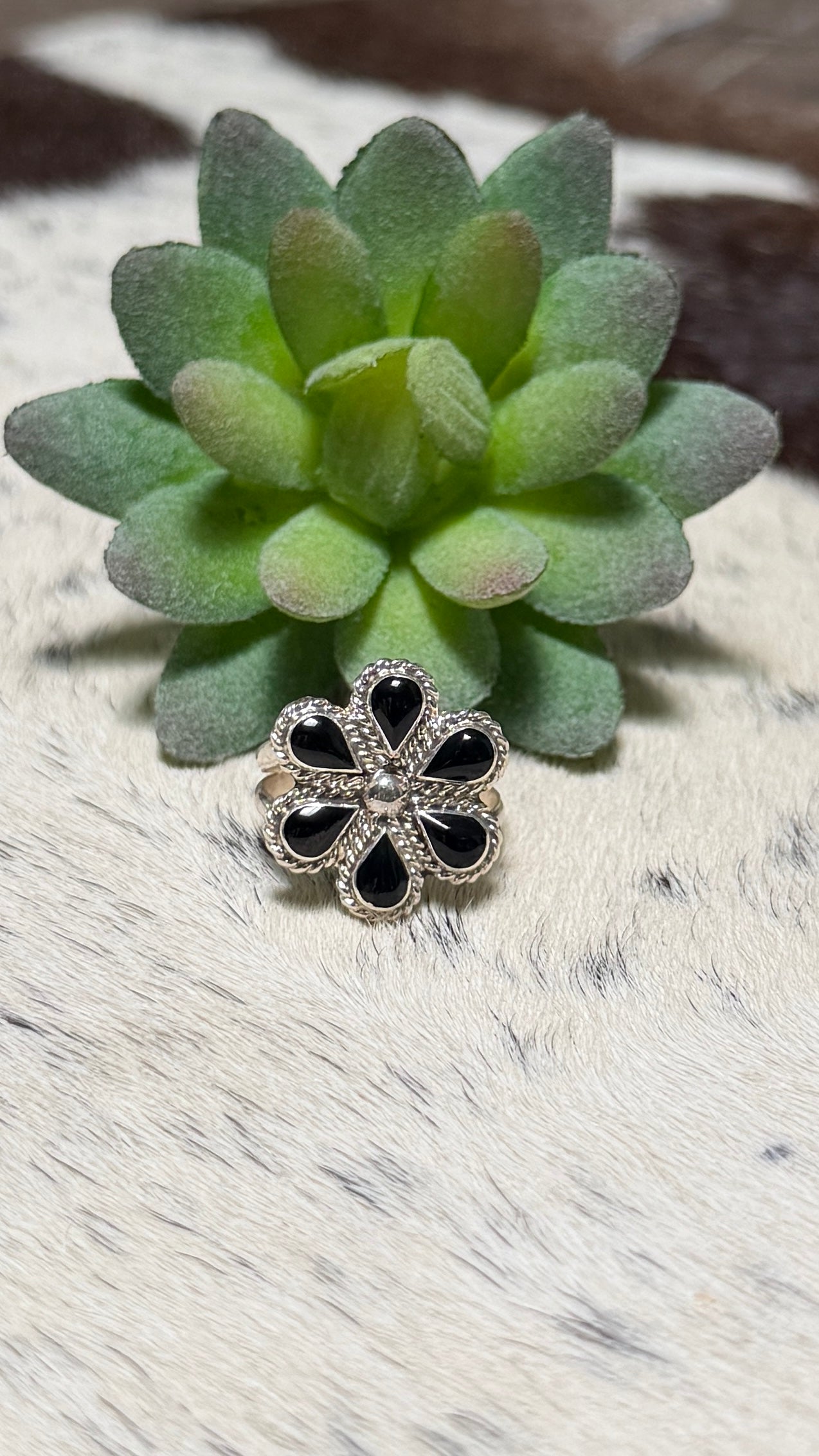 Zuni Black Onyx Cluster Ring, Size 7