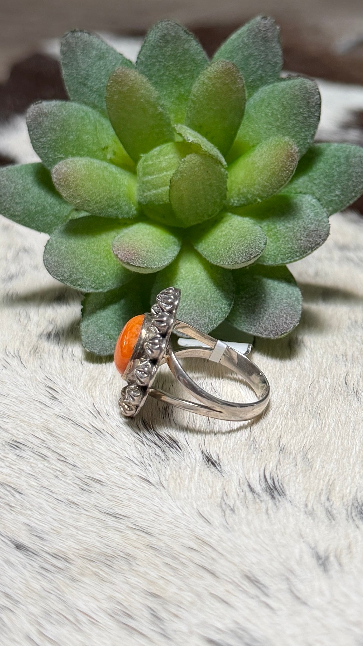 Orange Spiny Flower Ring, Size 7