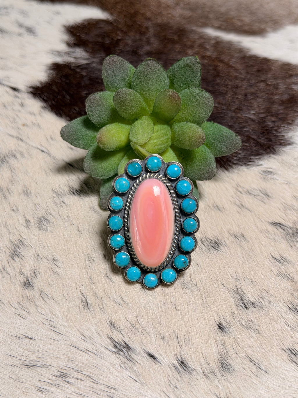 Sleeping Beauty and Pink Conch Cluster Ring