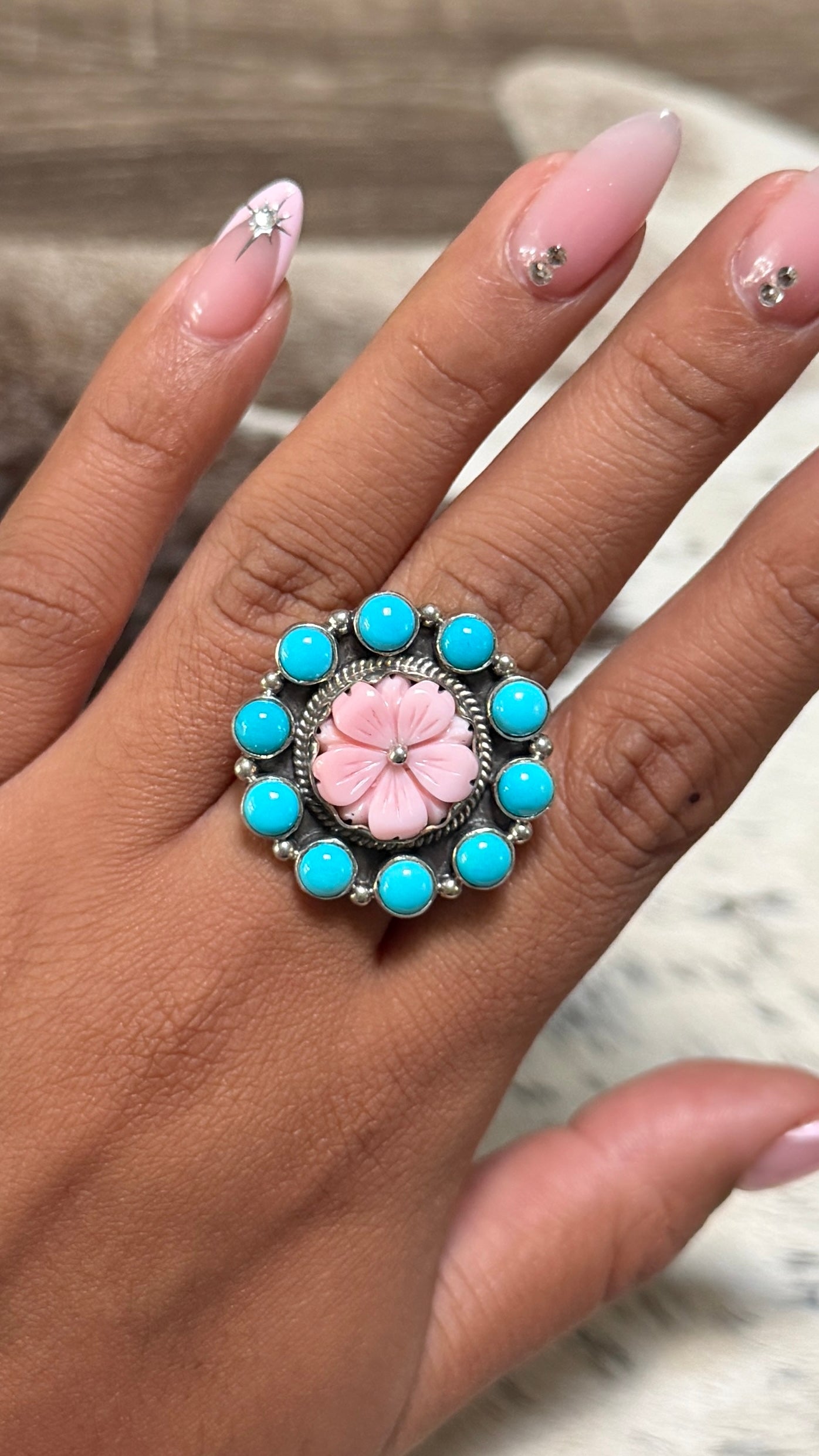 Pink conch & sleeping beauty ring size 8