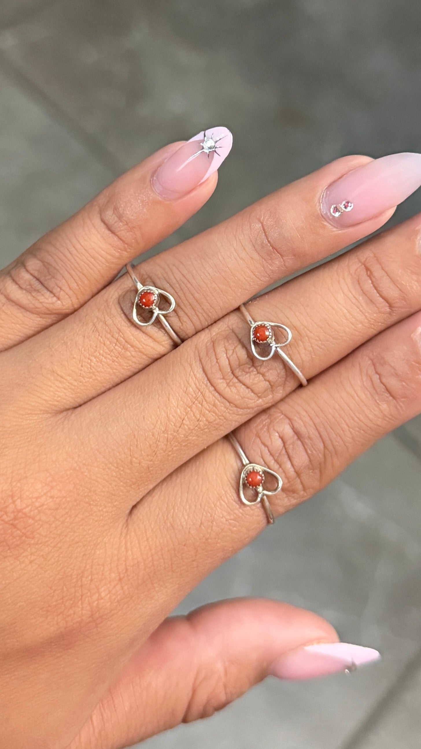 Zuni coral heart stacker ring