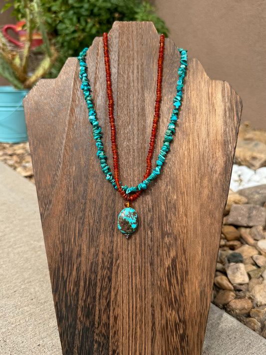 Turquoise & carnelian necklace with pendant