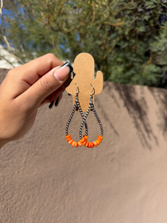 Silver pearl & orange spiny rondelle loop earrings