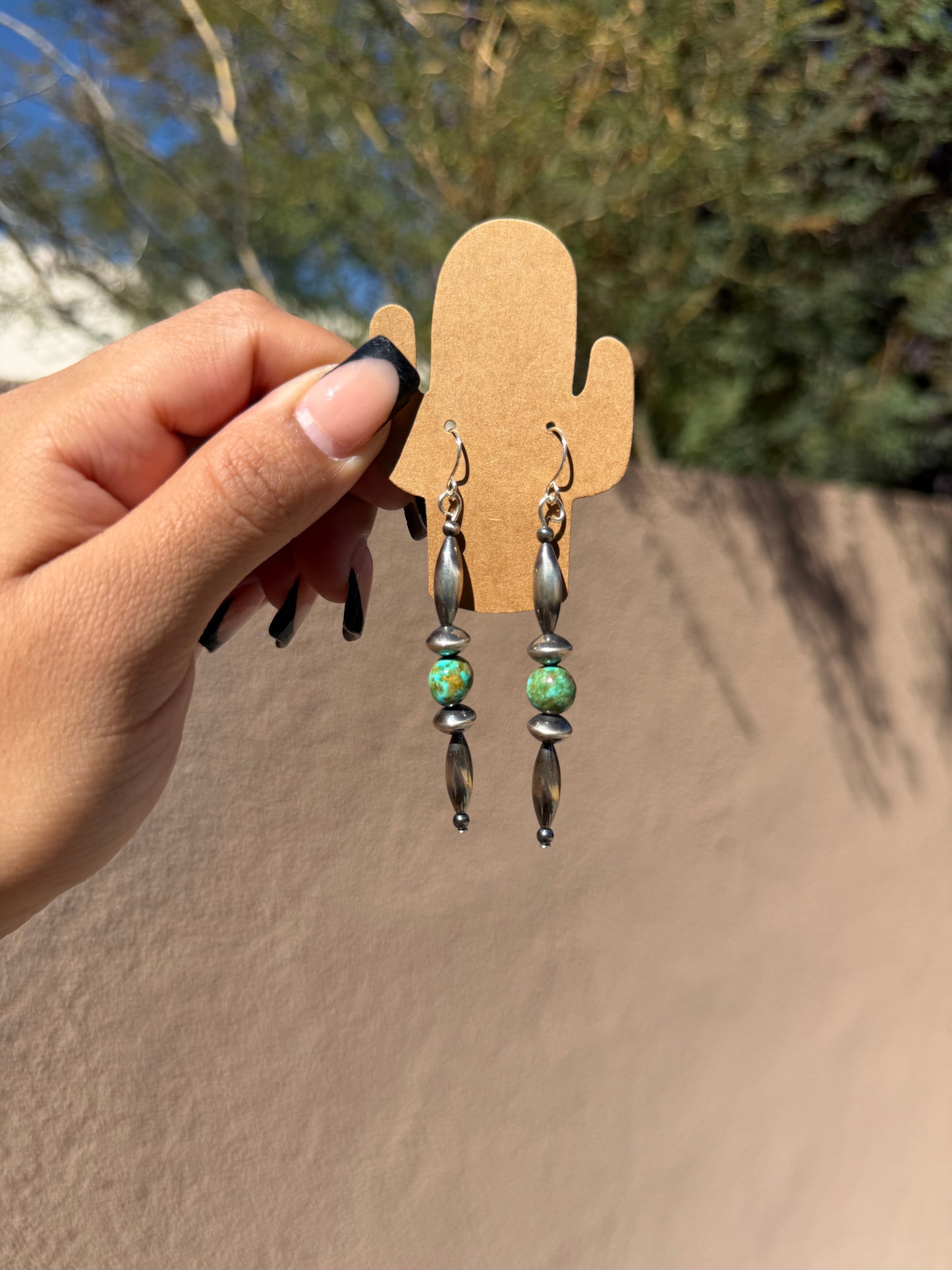 Silver torpedo & saucer earrings with Sonoran Gold