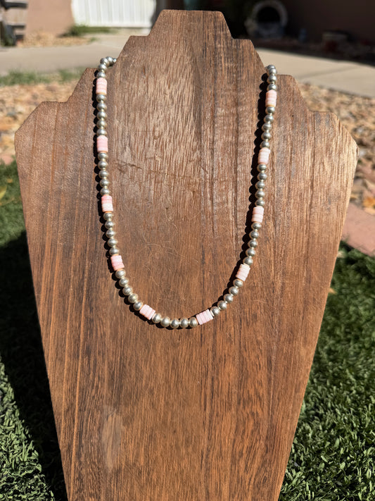 Chimney Butte high shine pearl & pink conch heishi necklace
