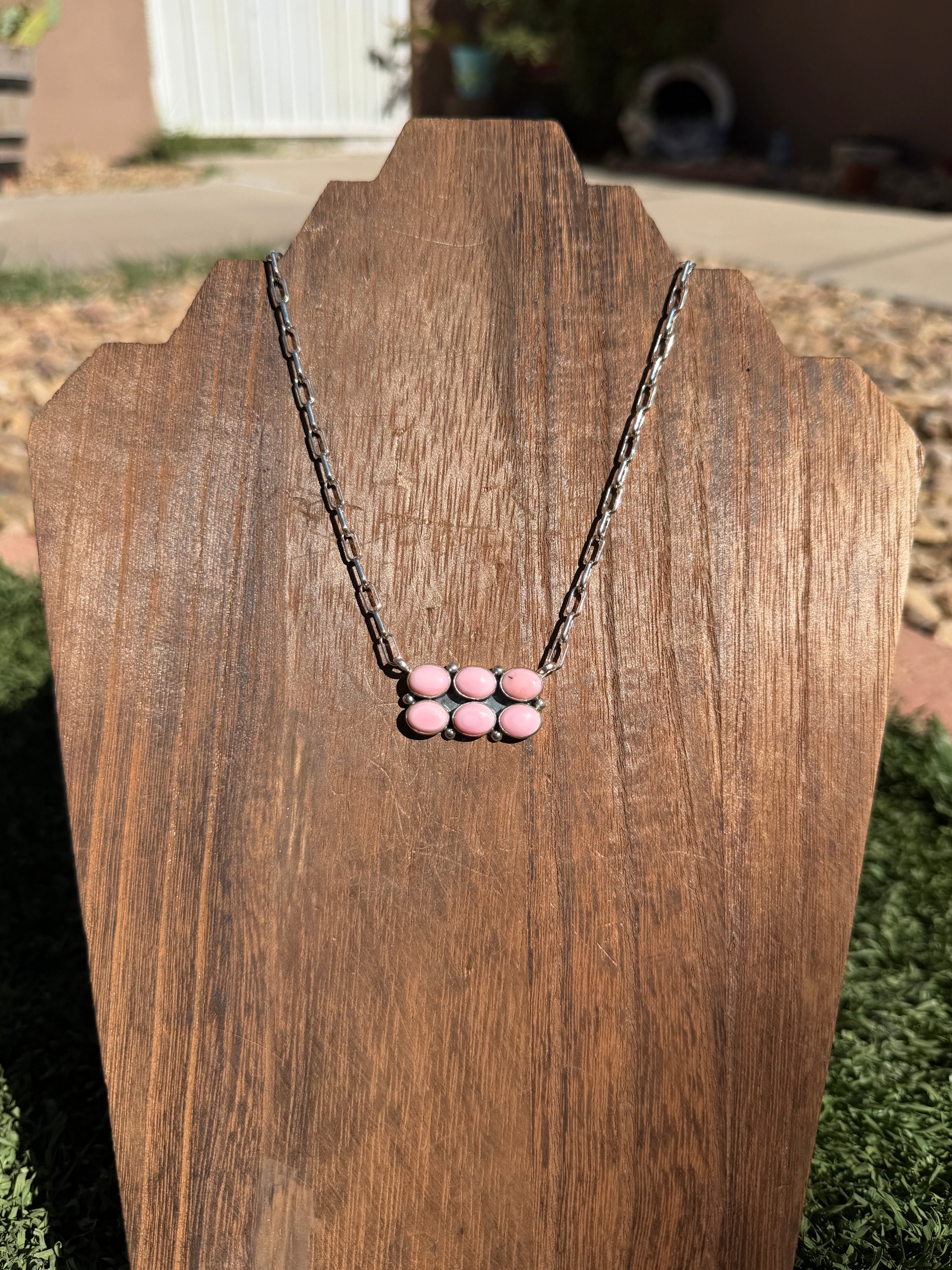 Pink Conch Multi Stone Bar Necklace