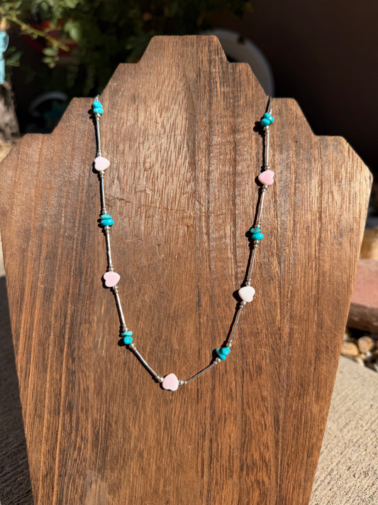 Liquid silver Pink conch hearts & Turquoise