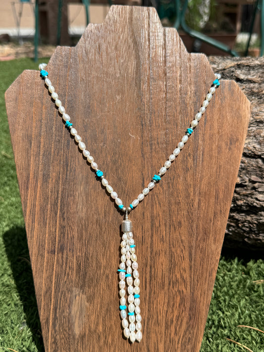 Freshwater pearl & Sleeping beauty lariat