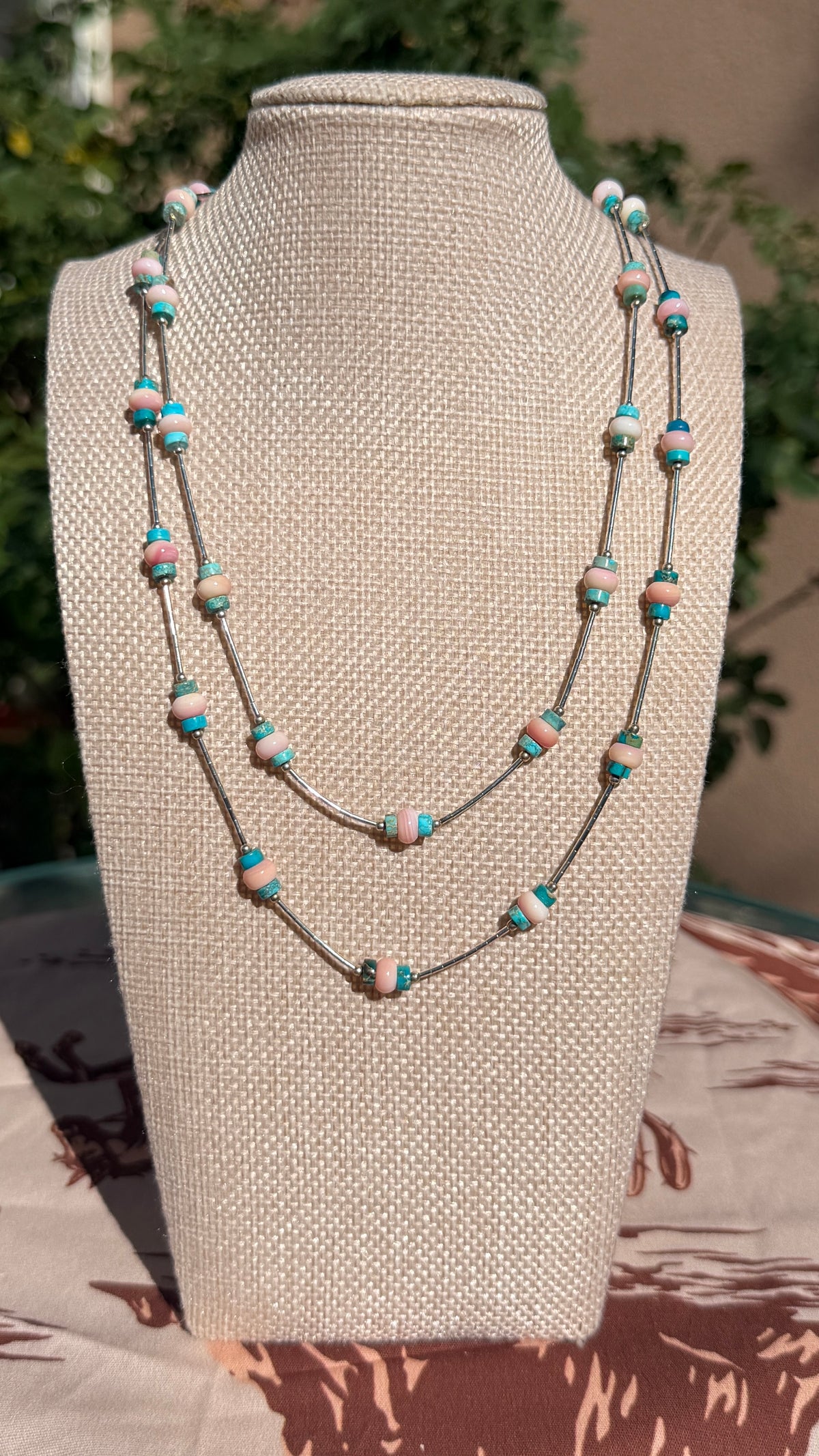 Pink Conch and Turquoise Liquid Silver Necklace