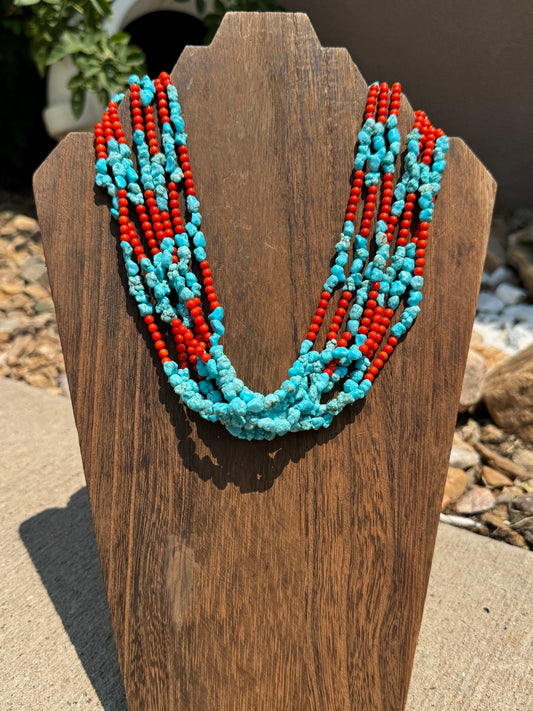 Multi strand Turquoise & red coral necklace