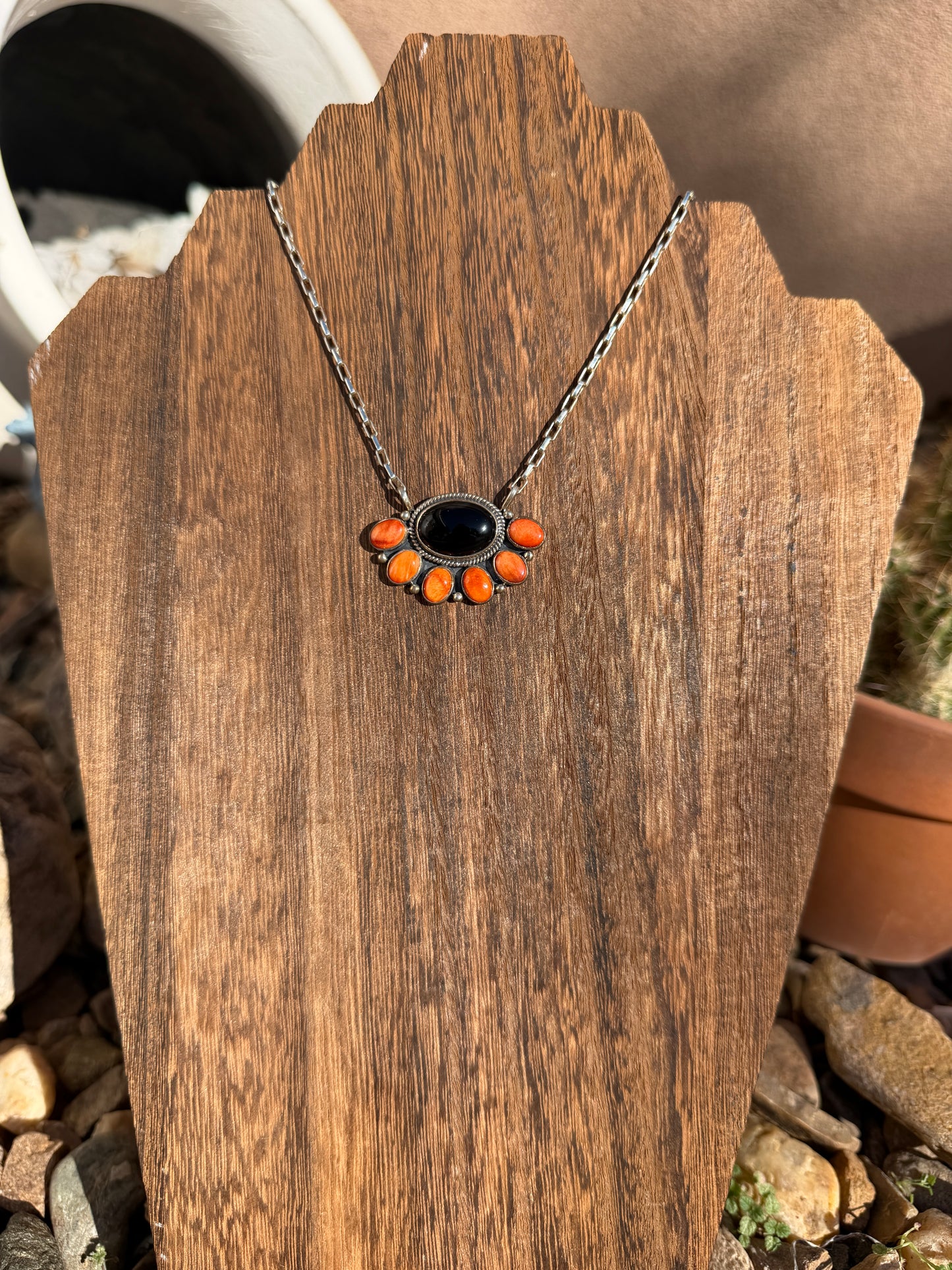 Black Onyx & Orange Spiny Bar Necklace