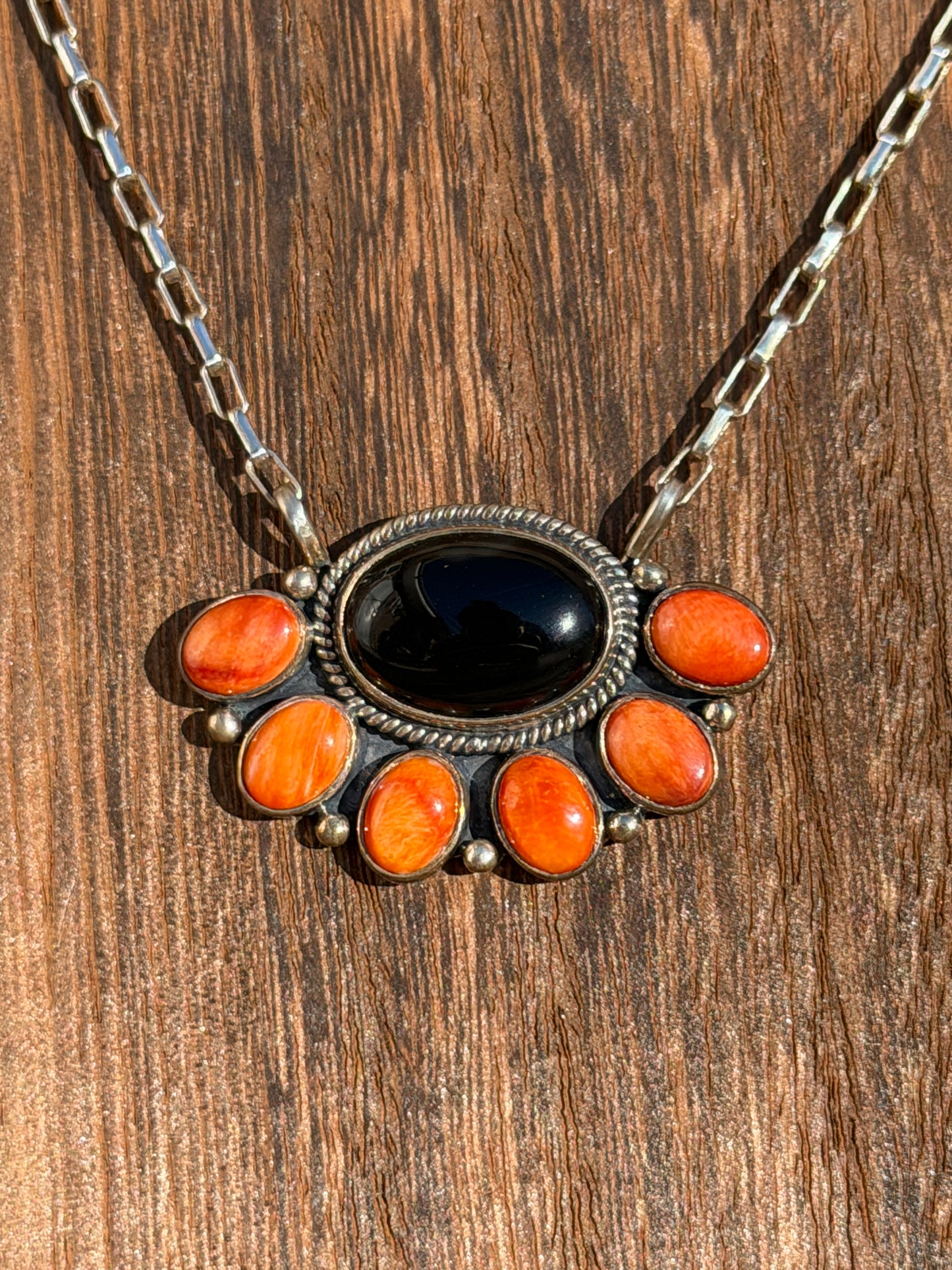 Black Onyx & Orange Spiny Bar Necklace