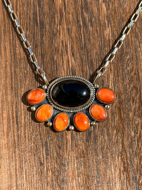 Black Onyx & Orange Spiny Bar Necklace