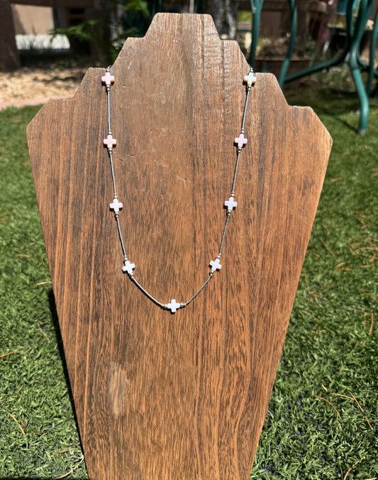 Liquid silver & pink conch crosses necklace