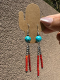 Faceted Turquoise earrings with silver pearls & red coral