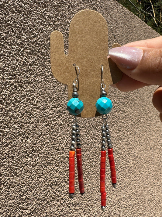 Faceted Turquoise earrings with silver pearls & red coral