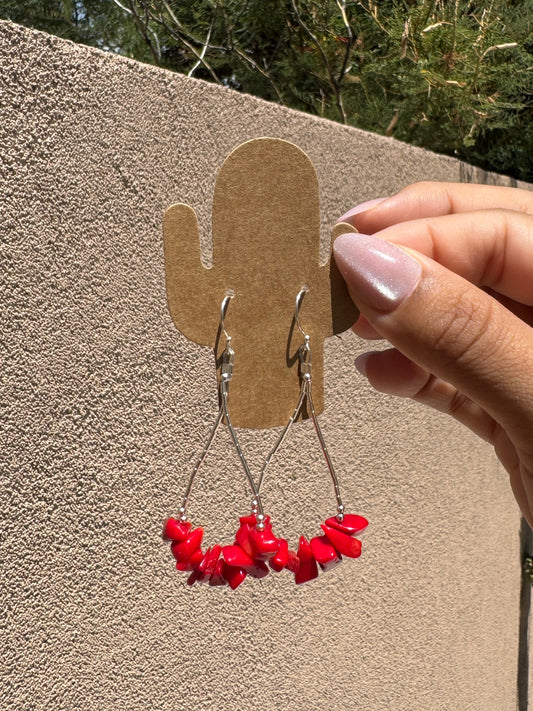 Liquid silver loop earrings with red coral chips