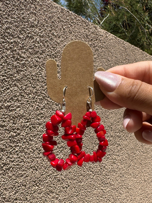 Red coral chip loop earrings