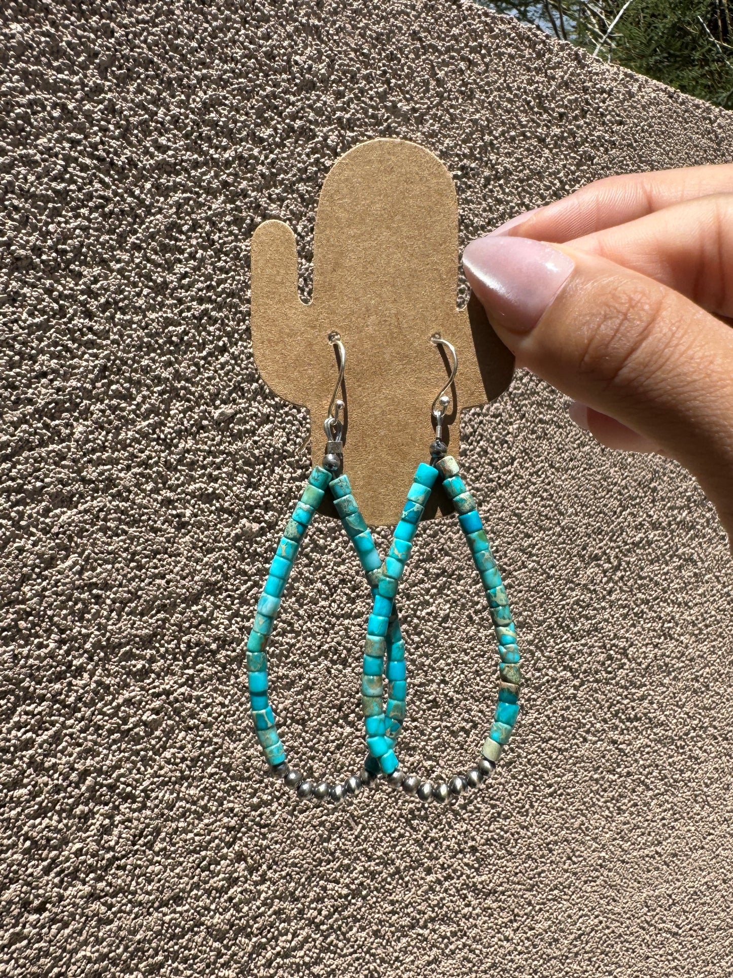 Turquoise heishi loop earrings with silver pearls