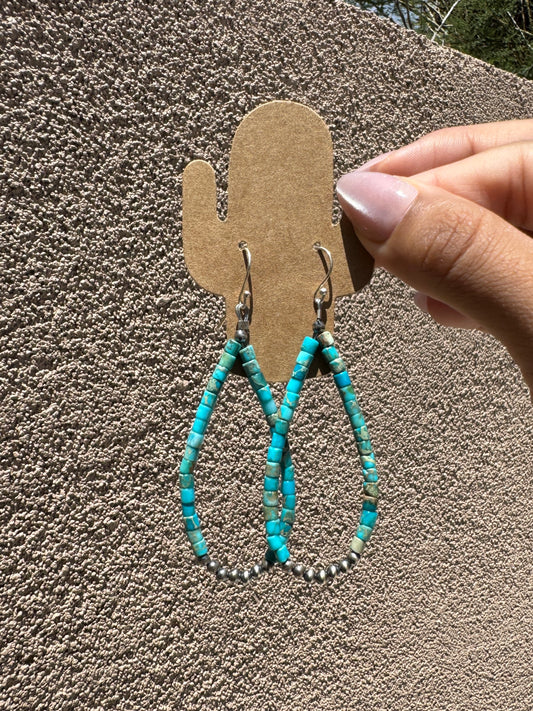 Turquoise heishi loop earrings with silver pearls