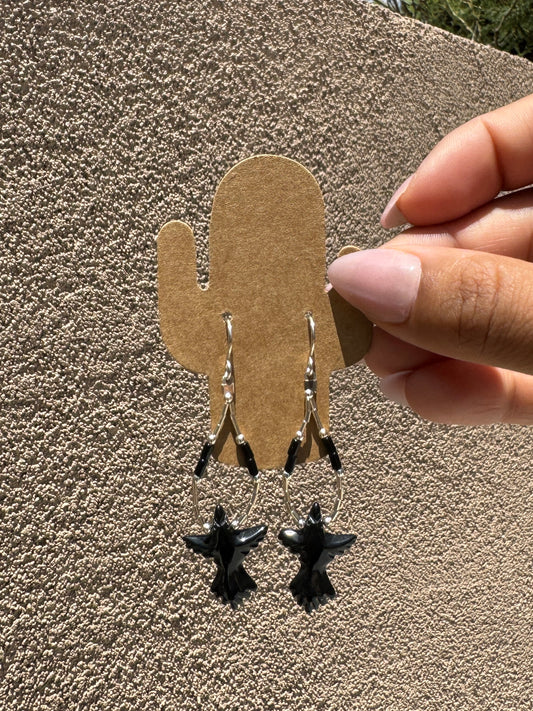Liquid silver loop earrings with Black Onyx bird