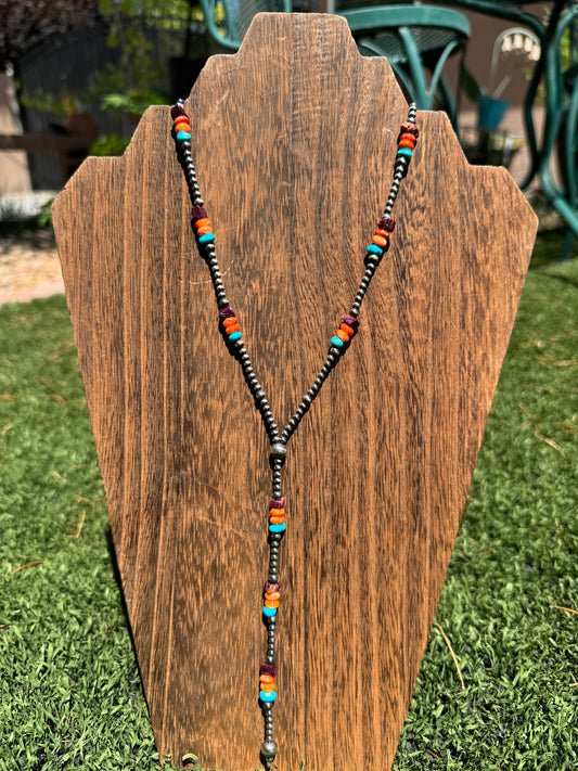 Silver pearl with Multi stone Lariat