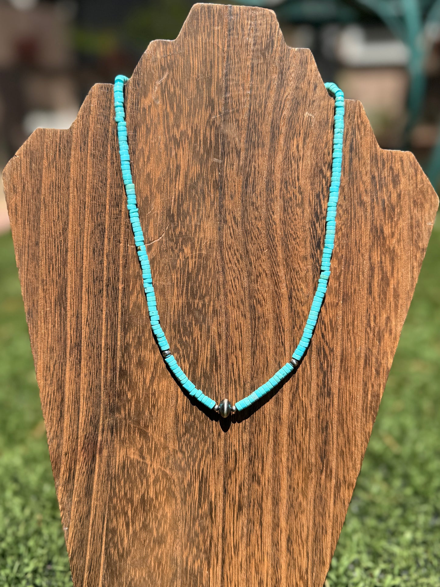 Turquoise Heishi necklace with Silver saucer