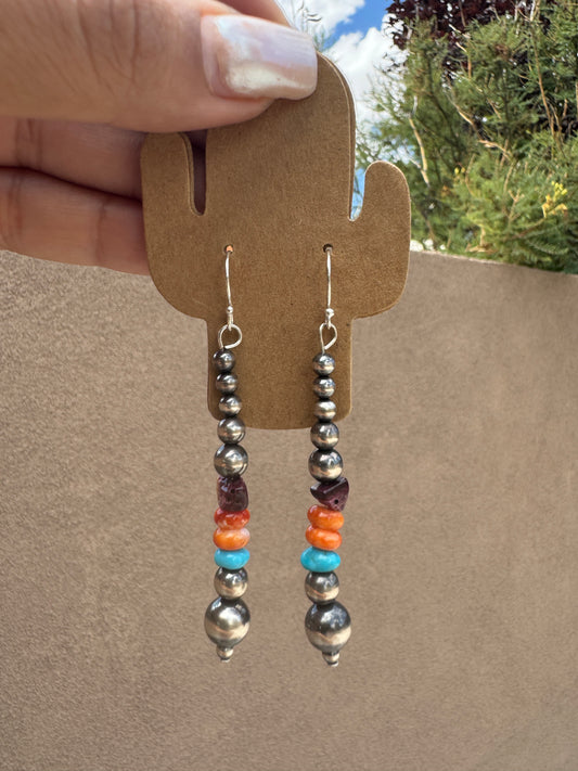 Graduated silver pearl earrings with multi stones