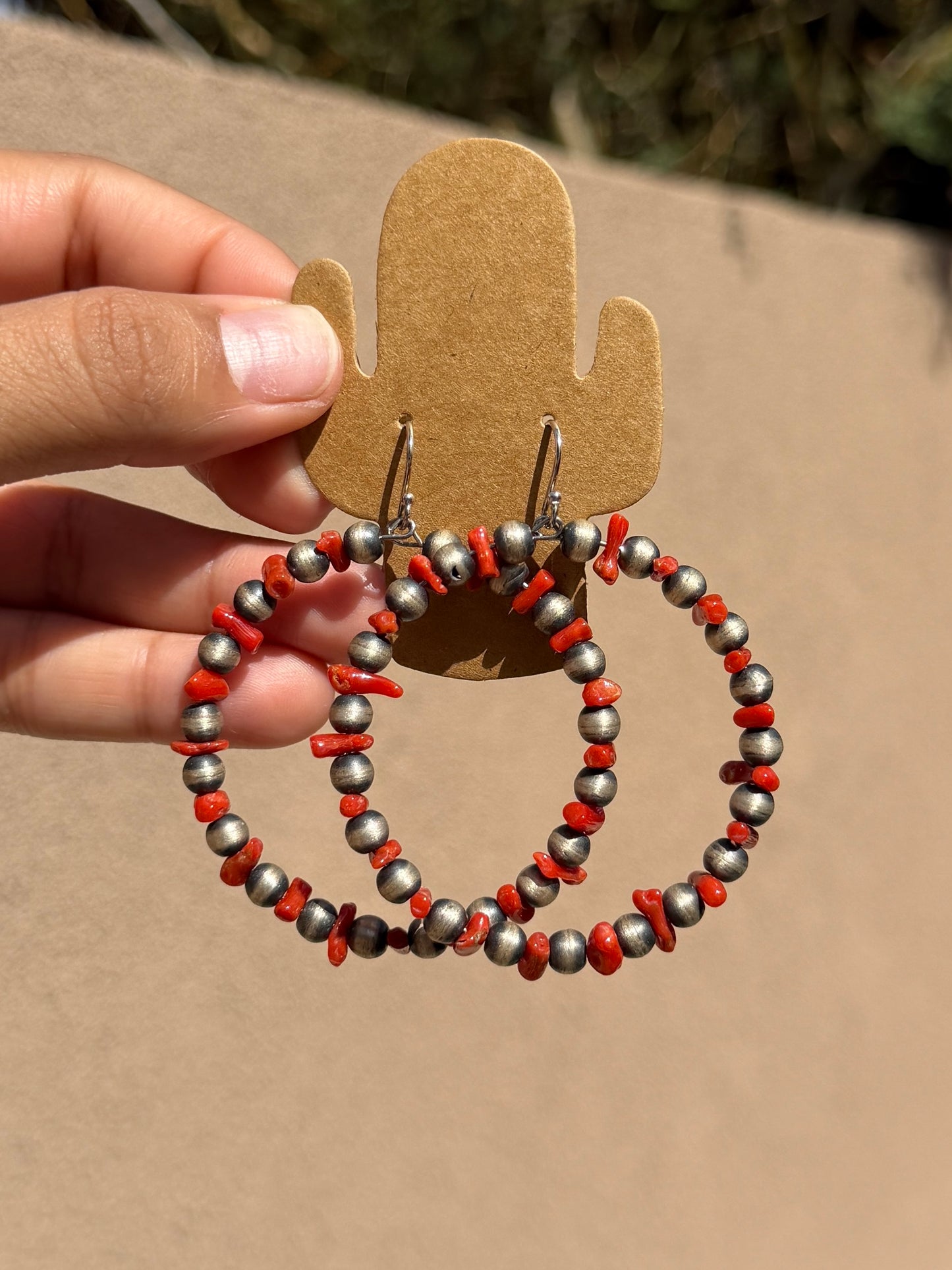 Chimney Butte silver pearl & red coral hoops