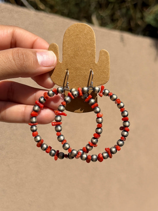 Chimney Butte silver pearl & red coral hoops