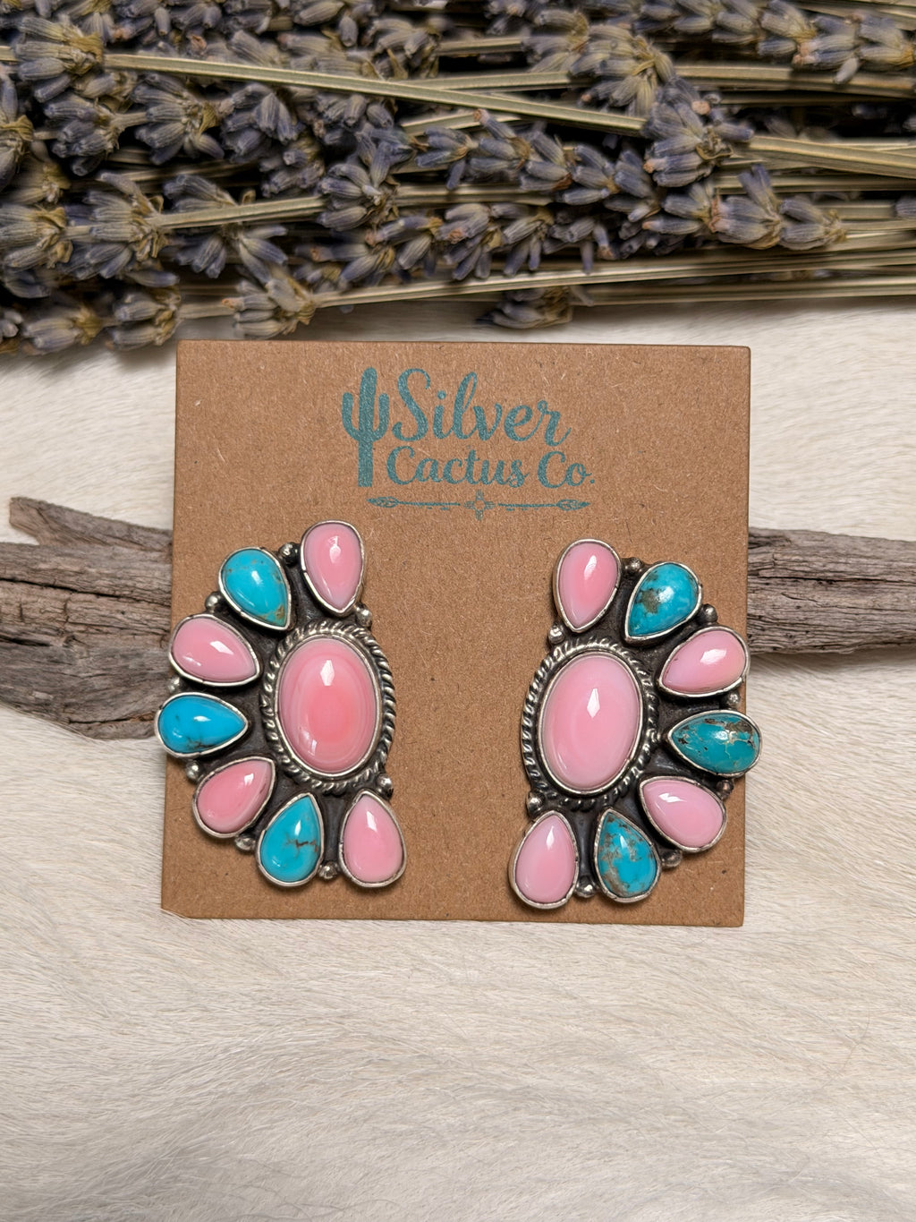 Marcella James Pink Conch and Kingman Half Cluster Earrings