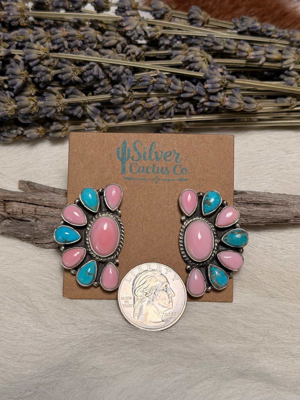 Marcella James Pink Conch and Kingman Half Cluster Earrings