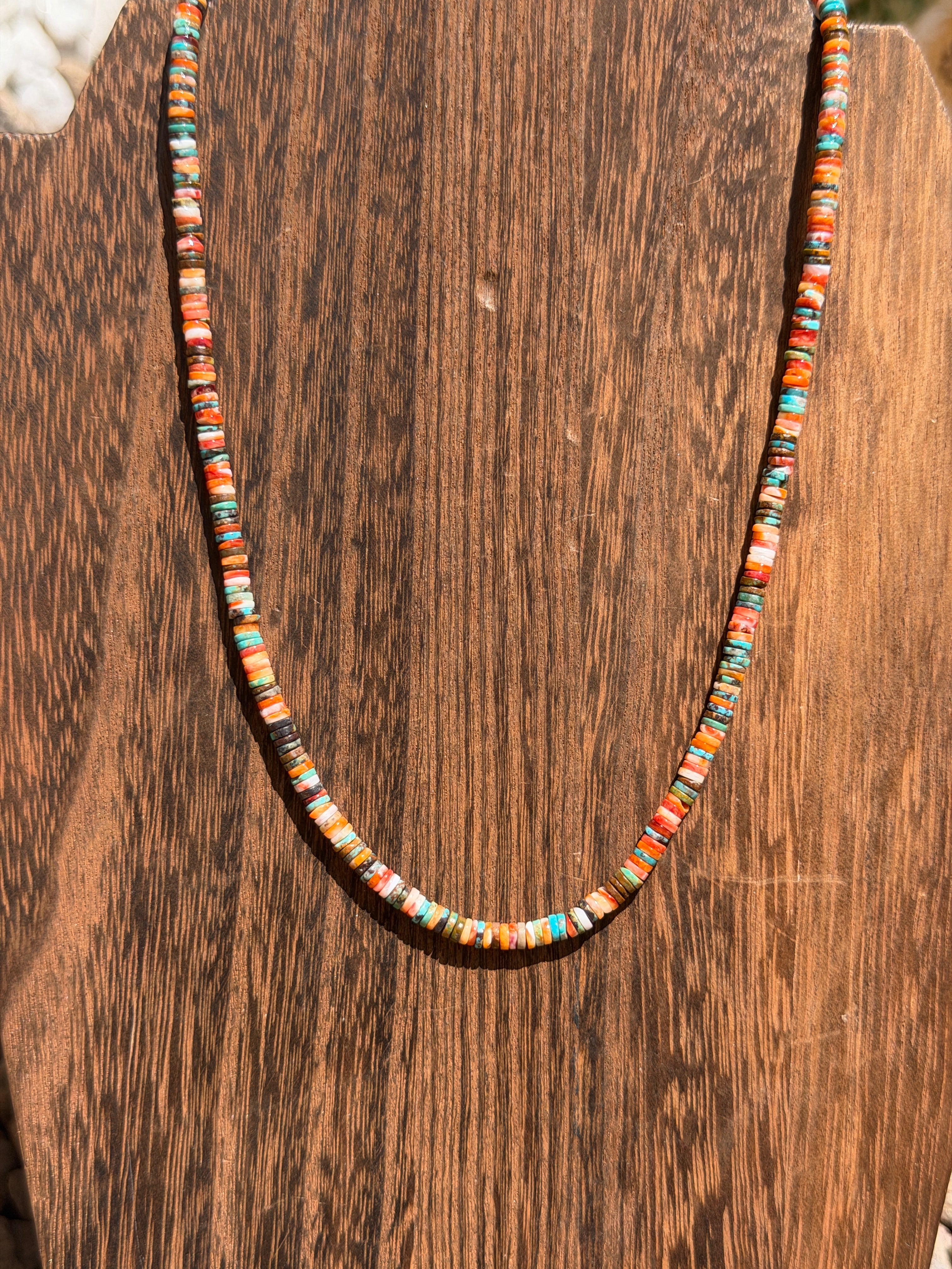 Compressed Turquoise and Orange Spiny Heishi Necklace
