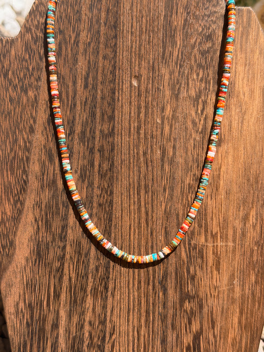 Compressed Turquoise and Orange Spiny Heishi Necklace