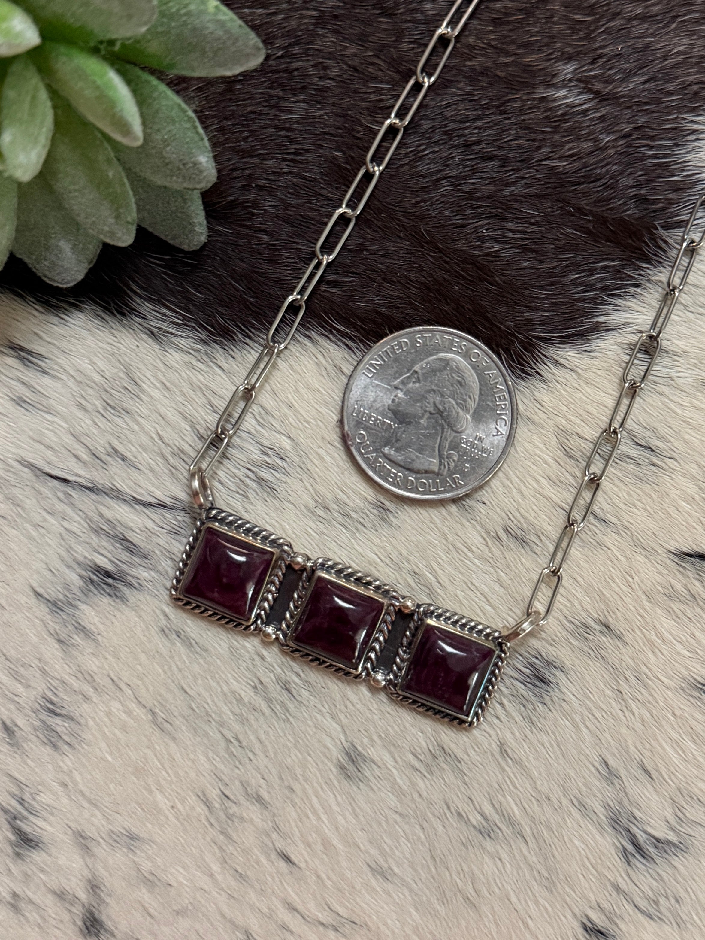 Purple Spiny 3 stone bar necklace